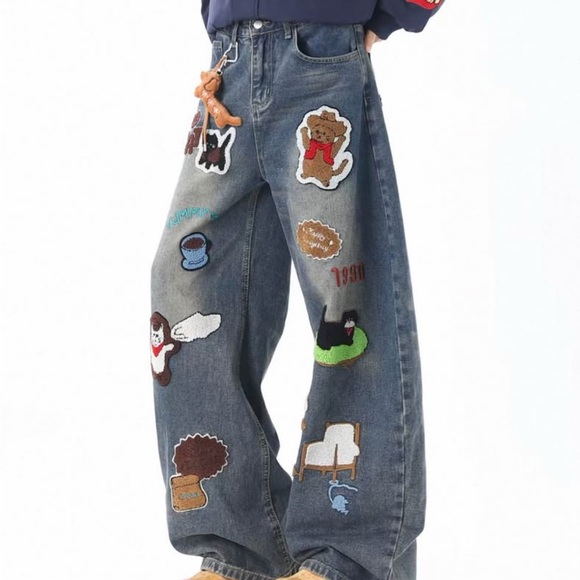 Pants - Wide Leg Embroidered Patch Denim Jeans - Multi Color
